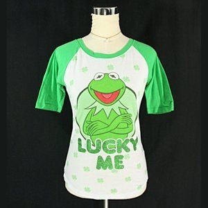 Muppets Kermit the Frog Lucky Me Sparkle Cotton Blend Raglan T Shirt Green S